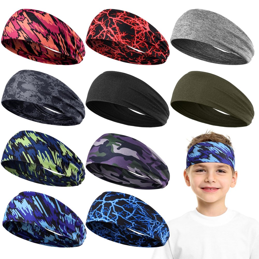 Sratte 10 PCS Sweatbands for Kids Soccer Headbands Boys Sports Kids Sweatbands Breathable Sweat Wicking Headband for Youth Basketball, Football, Baseball, Running (Novel Style)