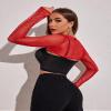 Avidlove Rave Outfits for Women Red Mesh Crop Top Long Sleeve Shirt Fishnet Top for Festival Club Party XL view 2