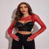 Avidlove Rave Outfits for Women Red Mesh Crop Top Long Sleeve Shirt Fishnet Top for Festival Club Party XL view 3