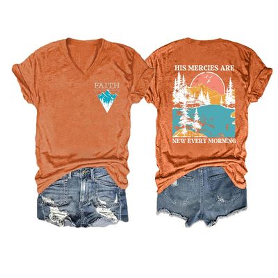 Vintage Faith Can Move Mountains Shirt His Mercies are New Every Morning T-Shirt Casual V-Neck Tee Funny Graphic Tops Faith Jesus Fun Christian Gift Tshirts Women Short Sleeve Jesus T Orange