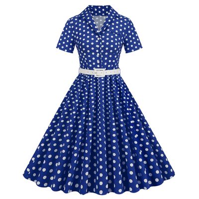50s Polka Dot Dress Audrey Hepburn Style Cocktail Swing Dresses 1950s Vintage Shirt Dress for Women Short Sleeve Peter Pan Collar Dress Belt Fit Flare A Line Rockabilly Dress Royal Blue-Belted 2XL