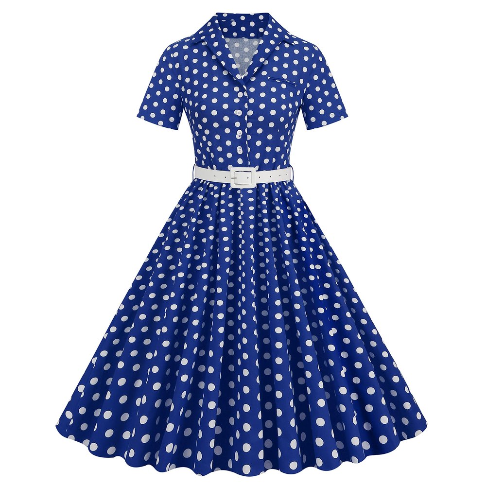 50s Polka Dot Dress Audrey Hepburn Style Cocktail Swing Dresses 1950s Vintage Shirt Dress for Women Short Sleeve Peter Pan Collar Dress Belt Fit Flare A Line Rockabilly Dress Royal Blue-Belted 2XL
