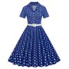 50s Polka Dot Dress Audrey Hepburn Style Cocktail Swing Dresses 1950s Vintage Shirt Dress for Women Short Sleeve Peter Pan Collar Dress Belt Fit Flare A Line Rockabilly Dress Royal Blue-Belted 2XL view 1