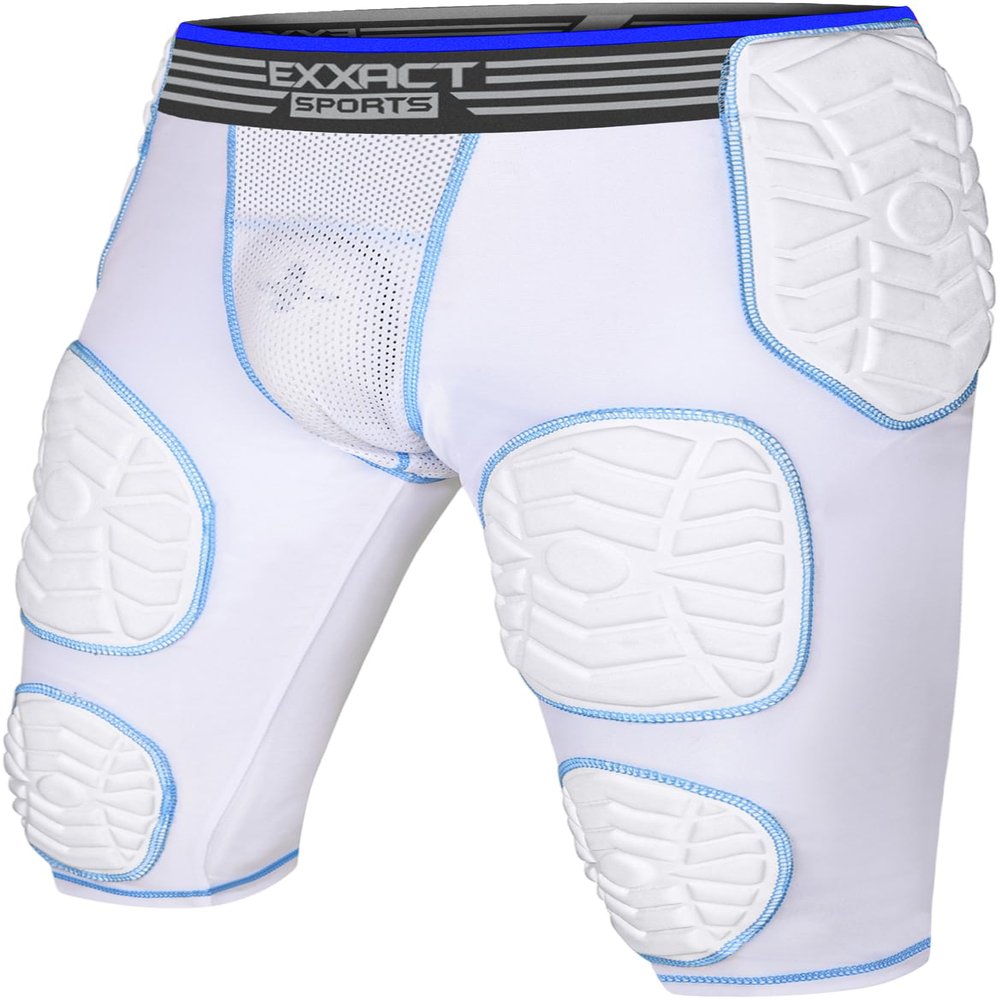 Exxact Sports Combat 7-Pad Youth Football Girdle with Cup Pocket, Padded Compression Shorts with Integrated Pads, Boys Girdle Football (YM, White Combat)