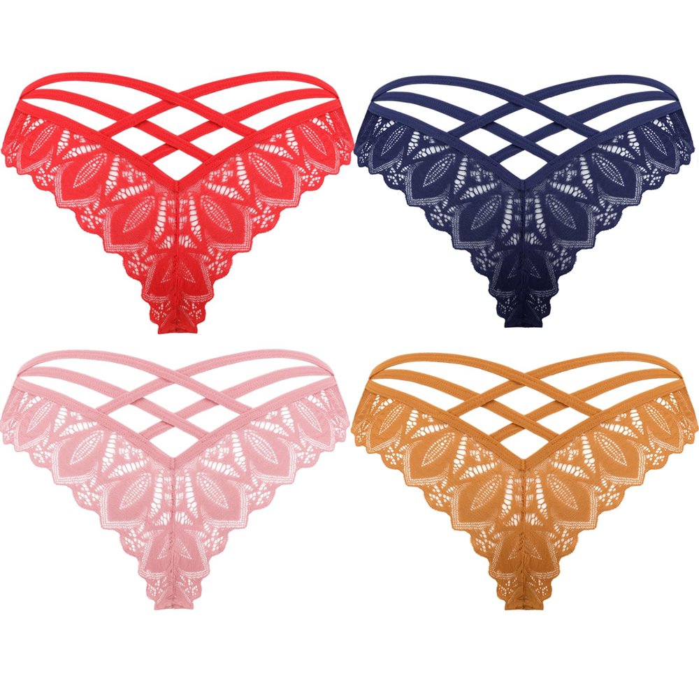 Avidlove Womens Underwear Lace Cheeky Panties Criss Cross Back Bikini Thongs Sexy Undies Red/Dark Blue/Light Bronze/Pink XL