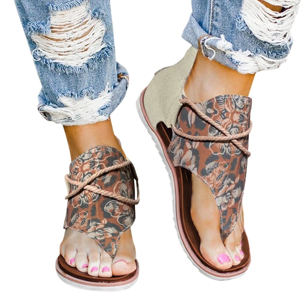 ZBYY Women's Casual Gladiator Flat Sandals Retro Dressy T-Strap Thong Sandals Slip-On Summer Beach Roman Sandals