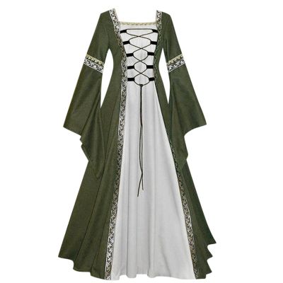 XUNRYAN Renaissance Dress Women Medieval Costume Flare Sleeve Corset Skirt Overskirt Elven Archer Irish Overdress Ball Gown