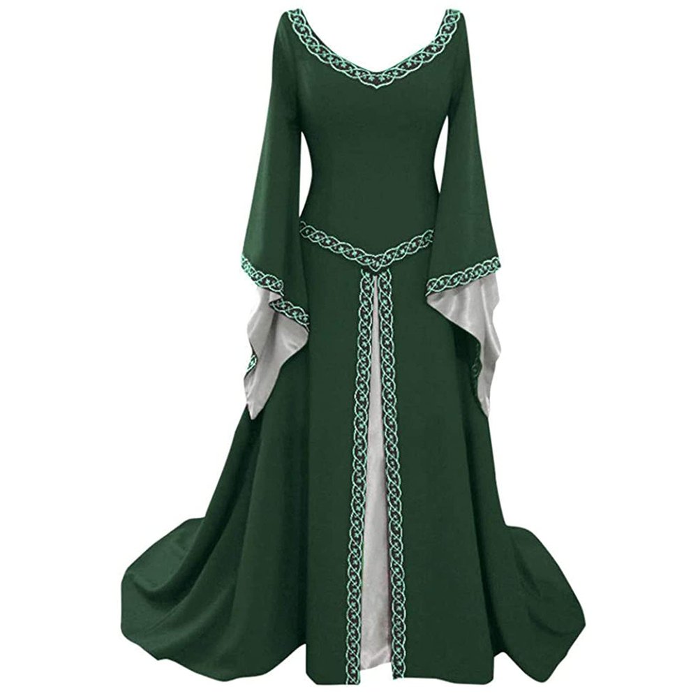 XUNRYAN Renaissance Dress Women Medieval Costume Flare Sleeve Corset Skirt Overskirt Elven Archer Irish Overdress Ball Gown
