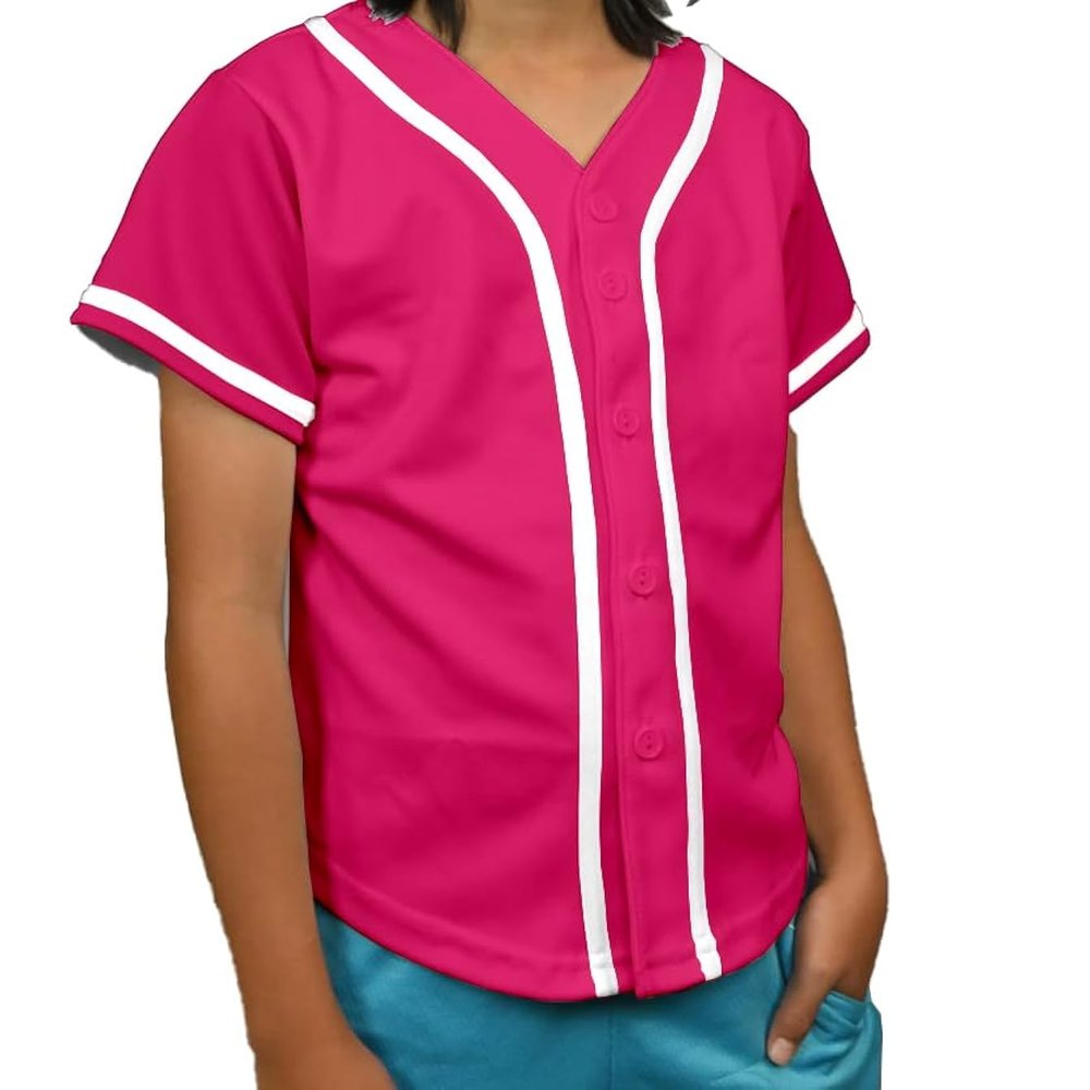 DIGITMON Kids Baseball Jersey Button Down Premium Hip Hop T Shirts Uniform Hotpink White for 14y Teenagers