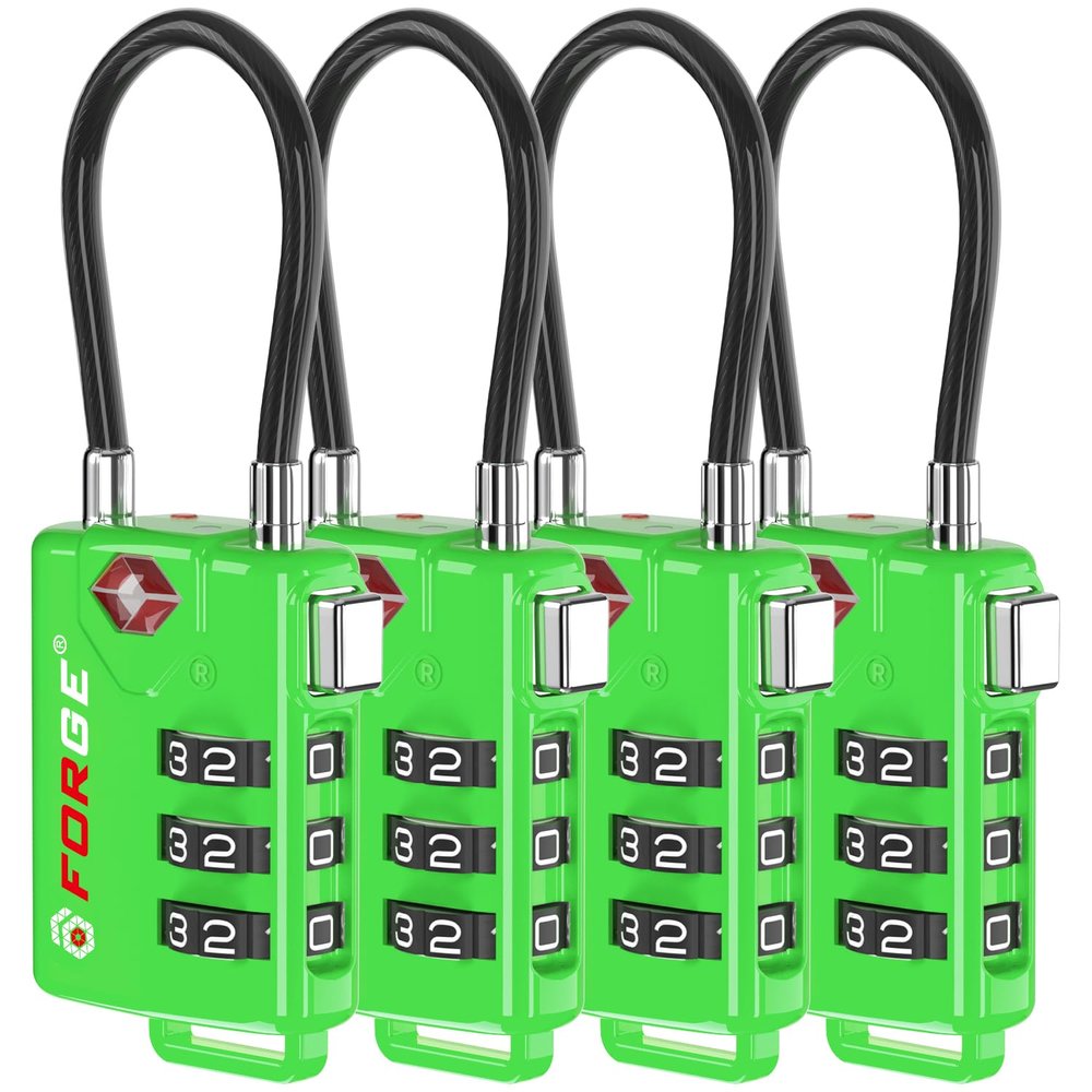 TSA Approved Cable Luggage Locks, Re-settable Combination with Alloy Body (Green 4 Locks)