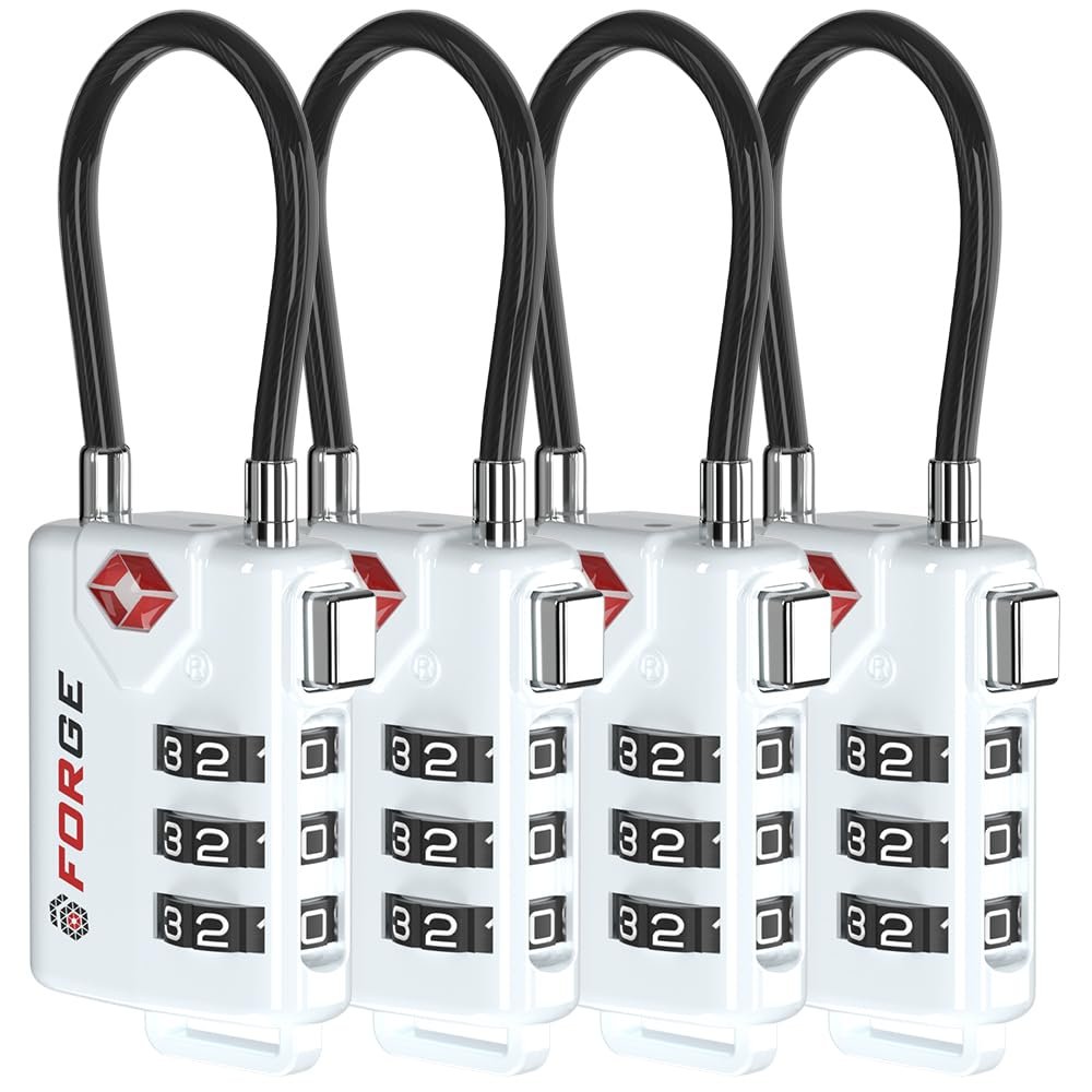 TSA Approved Cable Luggage Locks, Re-settable Combination with Alloy Body (White 4 Locks)