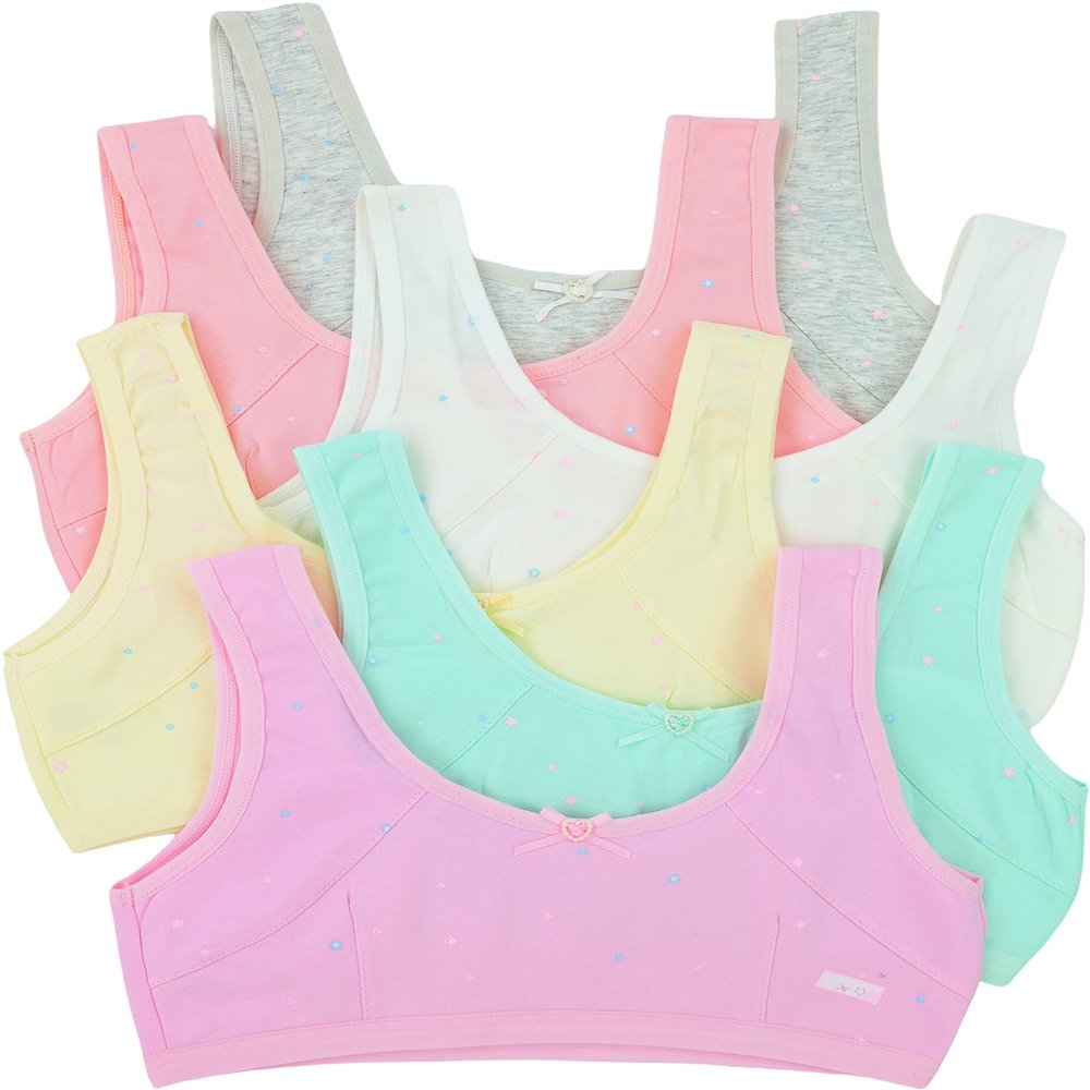 ToBeInStyle Girls' Pack of 6 Wire-Free Classic Cotton Training Bra - Pastel Assortment & Dots - M