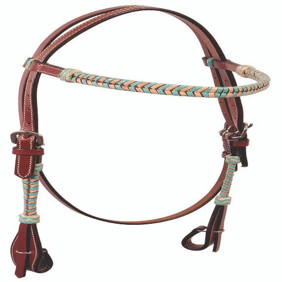 Buffalo Leather Browband Headstall with Turquoise and Natural Rawhide - Chestnut, Horse Size