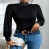 ALBVLE Women's T-Shirt Pearls Beaded Mock Neck Lantern Sleeve Tee T-Shirt for Women (Color : Black, Size : Small) view 1