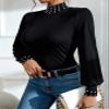 ALBVLE Women's T-Shirt Pearls Beaded Mock Neck Lantern Sleeve Tee T-Shirt for Women (Color : Black, Size : Small) view 3