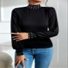 ALBVLE Women's T-Shirt Pearls Beaded Mock Neck Lantern Sleeve Tee T-Shirt for Women (Color : Black, Size : Small) view 4
