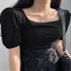ALBVLE Women's T-Shirt Square Neck Puff Sleeve Ribbed Knit Tee T-Shirt for Women (Color : Black, Size : Large) view 1