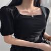 ALBVLE Women's T-Shirt Square Neck Puff Sleeve Ribbed Knit Tee T-Shirt for Women (Color : Black, Size : Large) view 2