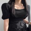 ALBVLE Women's T-Shirt Square Neck Puff Sleeve Ribbed Knit Tee T-Shirt for Women (Color : Black, Size : Large) view 3
