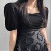 ALBVLE Women's T-Shirt Square Neck Puff Sleeve Ribbed Knit Tee T-Shirt for Women (Color : Black, Size : Large) view 4