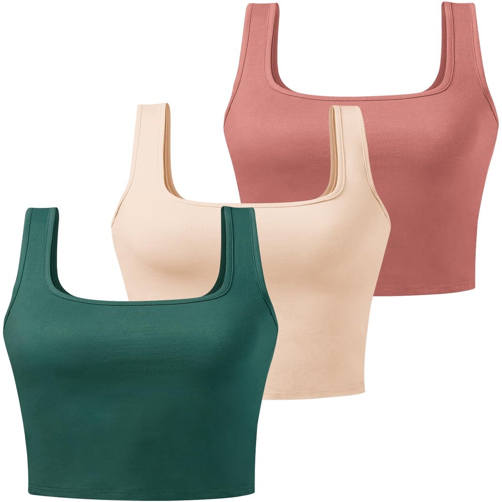 Porvike Crop Tops for Women Workout Tank Top Cropped Sleeveless Shirts Square Neck Tanks Basic Gym Exercise Clothes 3 Pack Coral/Beige/Emerald Green S