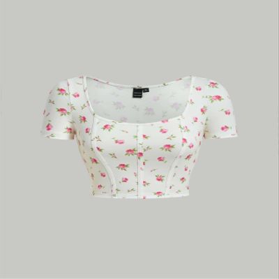 ALBVLE Women's T-Shirt Ditsy Floral Print Square Neck Crop Tee T-Shirt for Women (Color : Multicolor, Size : X-Small)