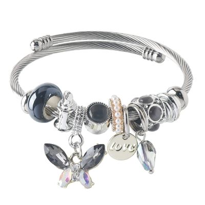 DS Charm Bracelets for girls,exquisite cute cartoon friendship bracelets Stainless Steel Bangle with birthday Gift box, Adjustable girls jewelry Suitable for holiday gifts (Silver-gray butterfly)