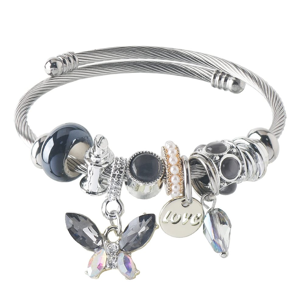 DS Charm Bracelets for girls,exquisite cute cartoon friendship bracelets Stainless Steel Bangle with birthday Gift box, Adjustable girls jewelry Suitable for holiday gifts (Silver-gray butterfly)