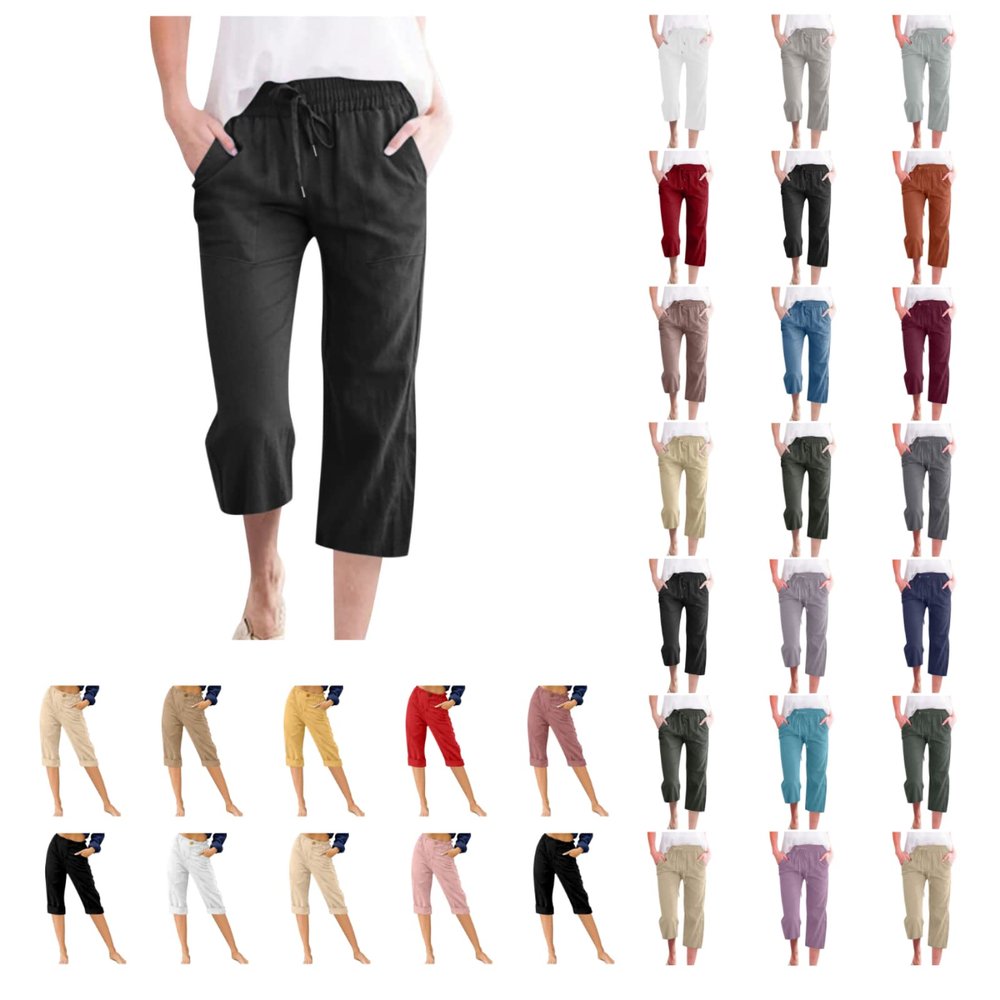 Uillui Capris for Women Casual Summer Cotton Linen Pants Elastic Waist Wide Leg Pants Straight Cropped Trousers Daily Slacks