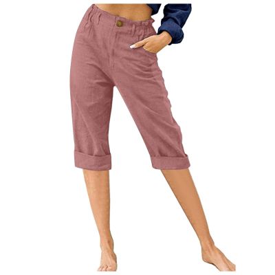 Uillui Capris for Women Casual Summer Cotton Linen Pants Elastic Waist Wide Leg Pants Straight Cropped Trousers Daily Slacks