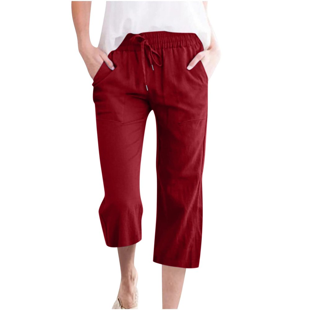 Uillui Capris for Women Casual Summer Cotton Linen Pants Elastic Waist Wide Leg Pants Straight Cropped Trousers Daily Slacks