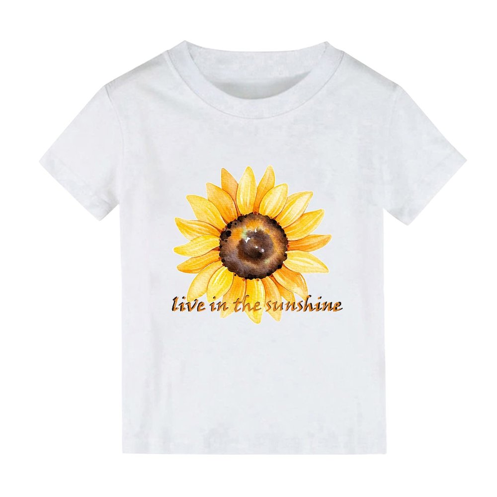 Boys and Girls Tops Short Sleeved T Shirts Sunflower Cartoon Print Live in The Sunshine 1 Year Old (White, 4-6 Years)