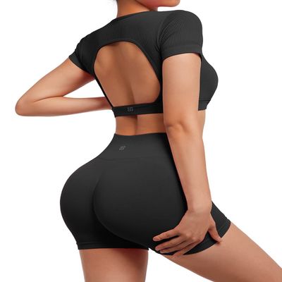 SUUKSESS 2 Piece Workout Sets for Women Open Back Gym Sets Woman Gym Shorts Pilates Crop Tops