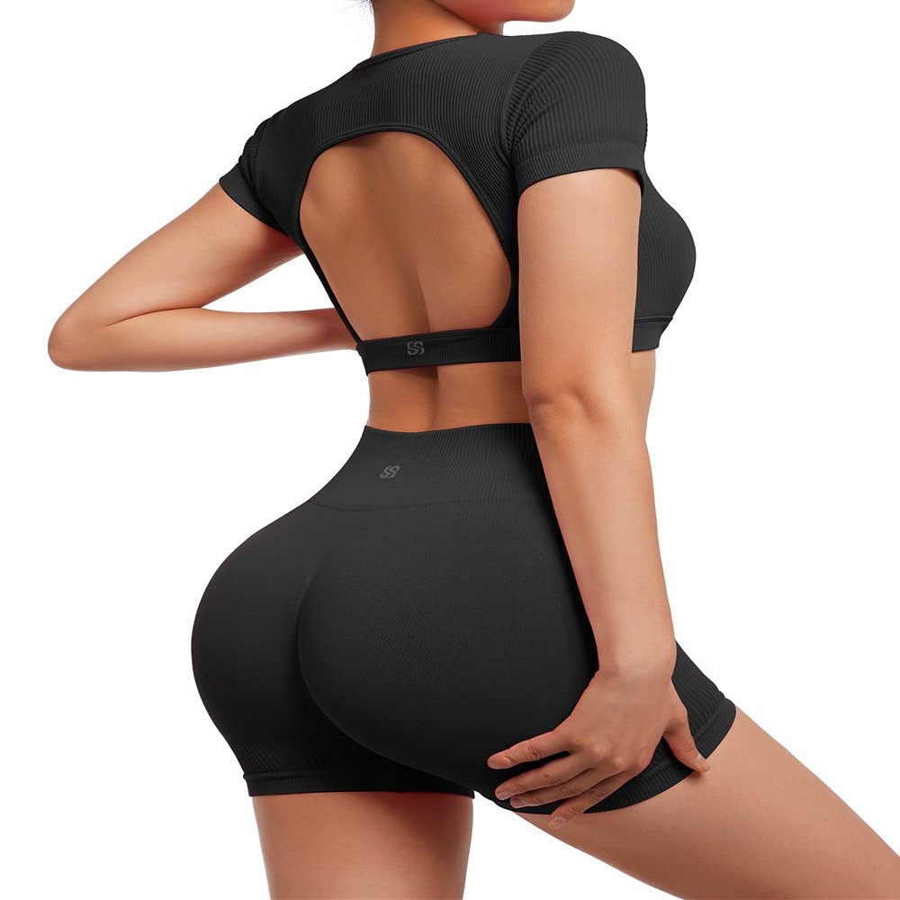 SUUKSESS 2 Piece Workout Sets for Women Open Back Gym Sets Woman Gym Shorts Pilates Crop Tops