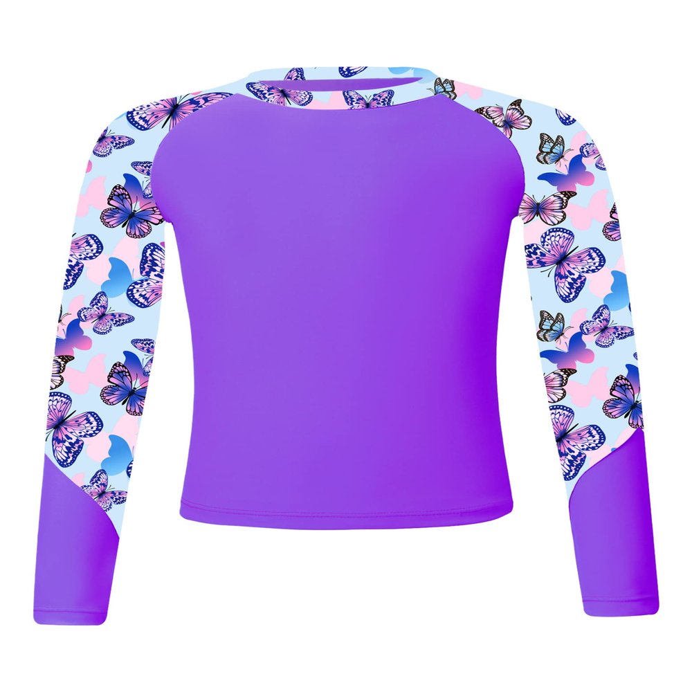 Hedmy Girls Summer Tropical Long Sleeve Rash Guard Top T-Shirts Swim Shirt Sun Protection Quick Dry Swimsuit Purple 16 Years