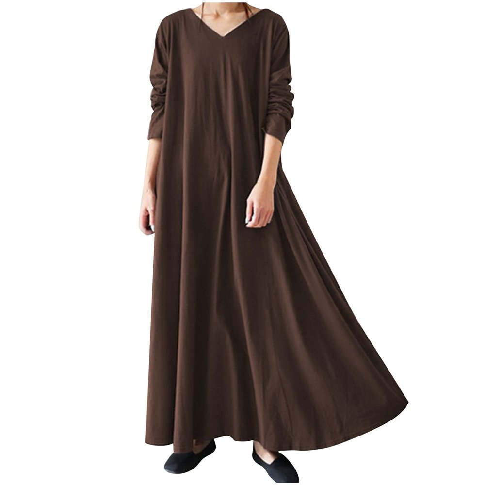 Vifucz Brown Womens Muslim Dress Abaya Long Sleeve Vneck Long Dresses Loose Cotton Soft Flare Islamic Cloth Dress for Women XL