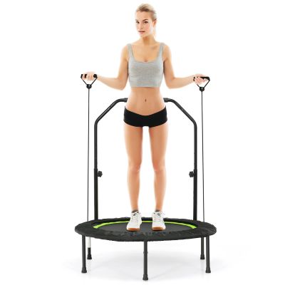 GYMAX Rebounder Trampoline for Adults, 40 Mini Exercise Trampoline with Height Adjustable Bar & Resistance Bands, 330lbs Foldable Workout Trampoline, Small Fitness Trampoline Indoor/Outdoor (Green)