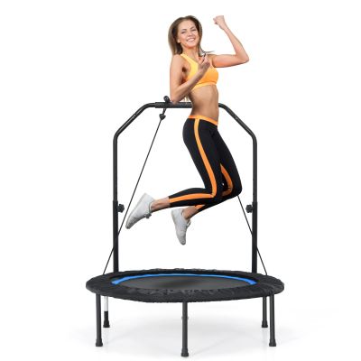 GYMAX Rebounder Trampoline for Adults, 40 Mini Exercise Trampoline with Height Adjustable Bar & Resistance Bands, 330lbs Foldable Workout Trampoline, Small Fitness Trampoline Indoor/Outdoor (Blue)