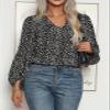 3/4 Length Sleeve Womens Blouse Leopard Print Chiffon Tops V Neck Loose Business Shirts Casual Work Tunic 2X Large,Black view 2