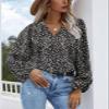 3/4 Length Sleeve Womens Blouse Leopard Print Chiffon Tops V Neck Loose Business Shirts Casual Work Tunic 2X Large,Black view 3