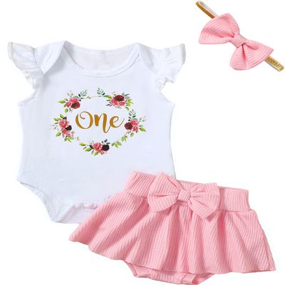 Aslaylme Baby Girl First Birthday Clothes 1st Birthday Outfit Infant Girl Floral Skirt Set (Pink,6-12 Months)