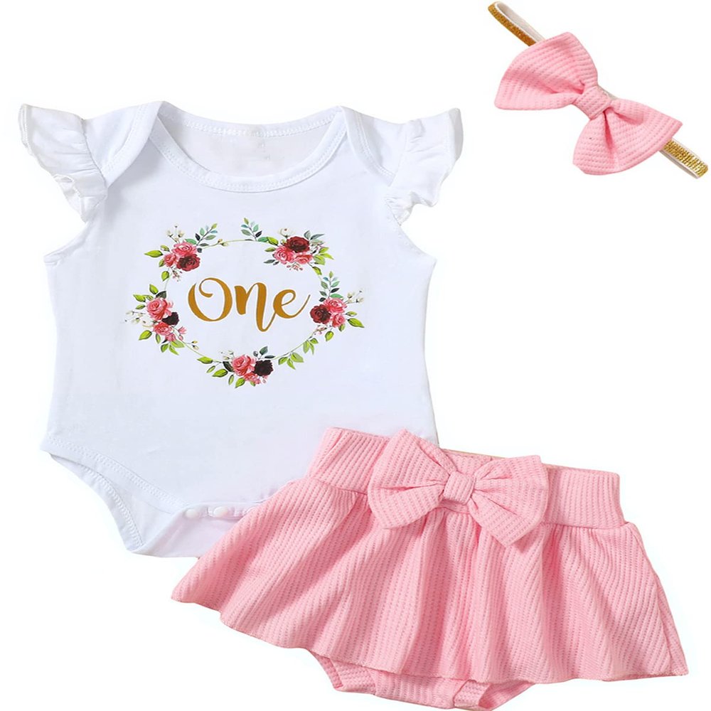 Aslaylme Baby Girl First Birthday Clothes 1st Birthday Outfit Infant Girl Floral Skirt Set (Pink,6-12 Months)