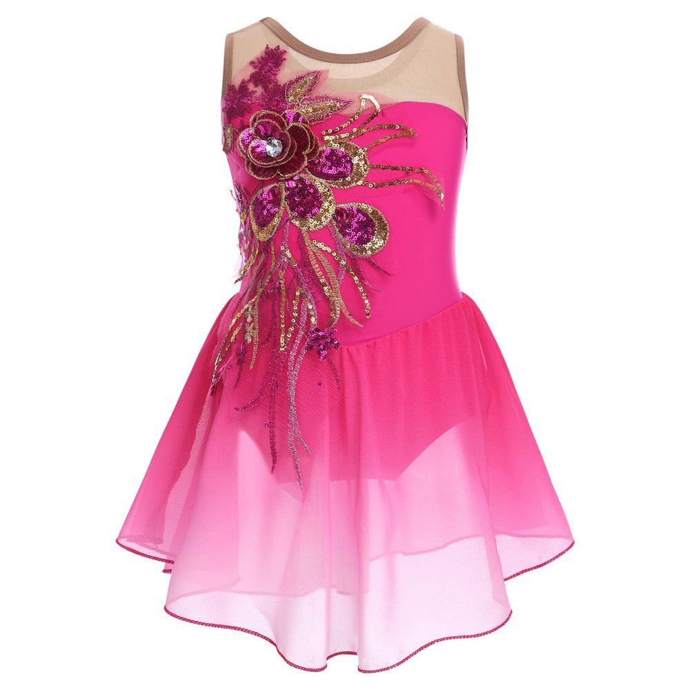 Ice Figure Skating Dress for Girls Sparkly Sequins Sheer Mesh Chiffon Ballet Dance Dress Ballerina Outfits Gymnastics Leotards for Girl with Dance Skirt Figure Skating Dress Rose Pink 3-4 Years