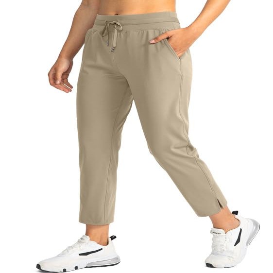 Soothfeel Women's Pants with 4 Pockets 7/8 Stretch High Waisted Sweatpants Travel Athletic Work Golf Pants for Women (Light Khaki, Small)