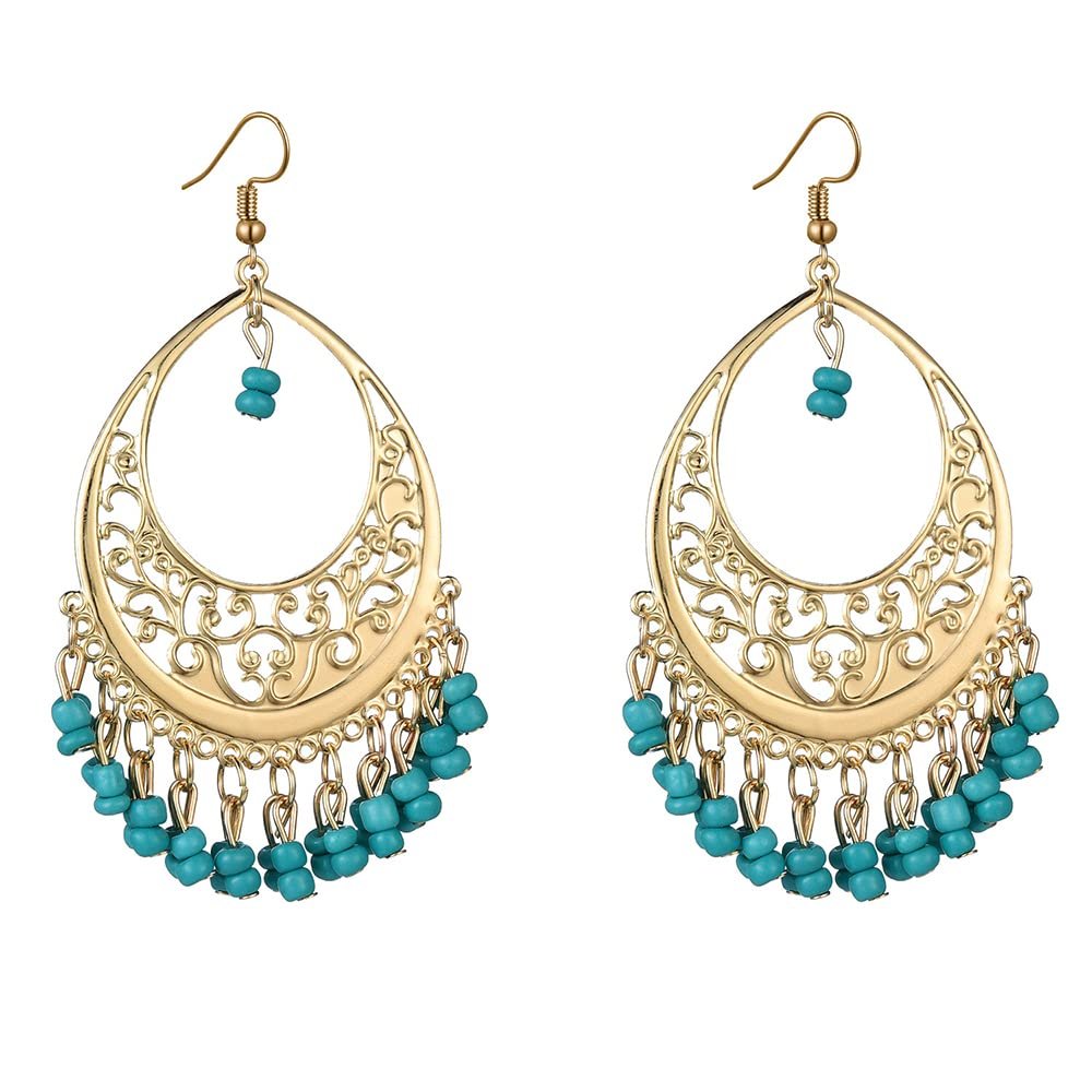 Vintage Moon Shaped Boho Handmade Filigree Hollow Teardrop Bead Tassel Long Dangle Drop Earrings for Women Dainty Elegant Bohemian Beaded Seed Fringe Hook Dangling Hanging Lighweight Hypoallergenic Fashion Trendy Jewelry Gifts (Blue)