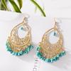 Vintage Moon Shaped Boho Handmade Filigree Hollow Teardrop Bead Tassel Long Dangle Drop Earrings for Women Dainty Elegant Bohemian Beaded Seed Fringe Hook Dangling Hanging Lighweight Hypoallergenic Fashion Trendy Jewelry Gifts (Blue) view 2