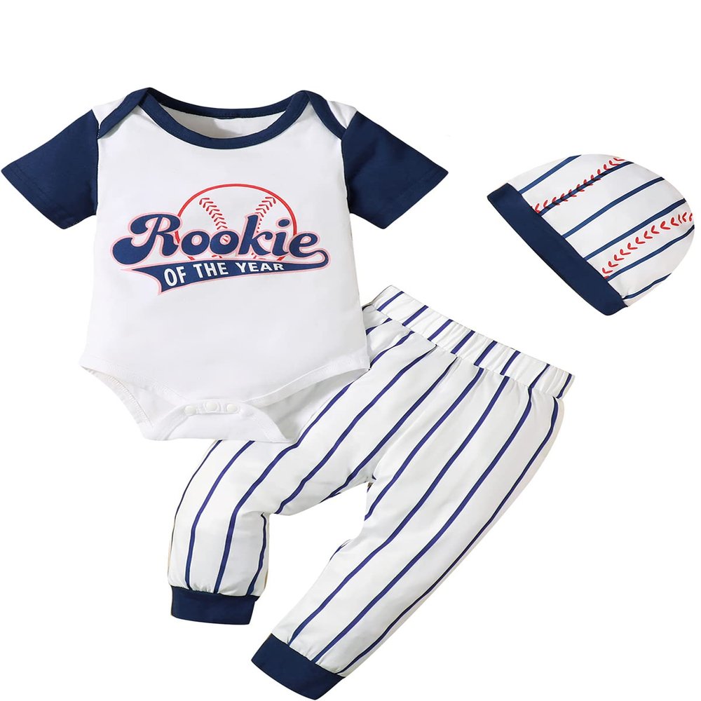 Aslaylme Baby Boy One Year Old Birthday Clothes First Birthday Outfit Infant Boy Sports Baseball Rookie Of the Year Bodysuit (White-rookie,18-24 Months)