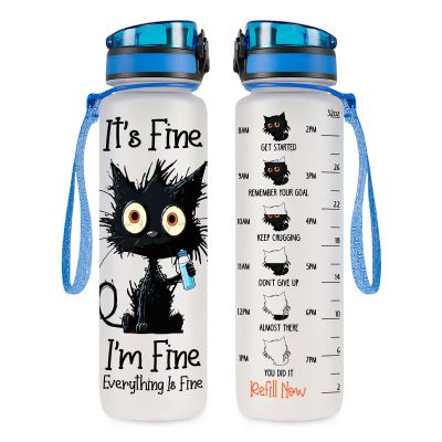 34HD Crazy Cat Water Bottle 32 oz Tritan Plastic, Its Fine Everything Is Fine Water Bottle, Funny Birthday Mothers Day Halloween Christmas Gifts for Pet Lovers Cat Mom Lady Women