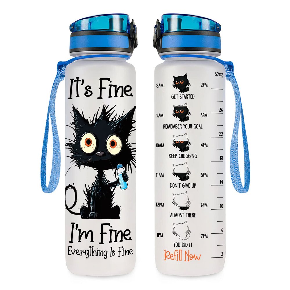 34HD Crazy Cat Water Bottle 32 oz Tritan Plastic, Its Fine Everything Is Fine Water Bottle, Funny Birthday Mothers Day Halloween Christmas Gifts for Pet Lovers Cat Mom Lady Women