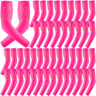 Zhehao 24 Pairs Breast Cancer Awareness Arm Sleeves Ribbon Sports Compression Arm Sleeve for Baseball Football Women Men(Pink,Small)